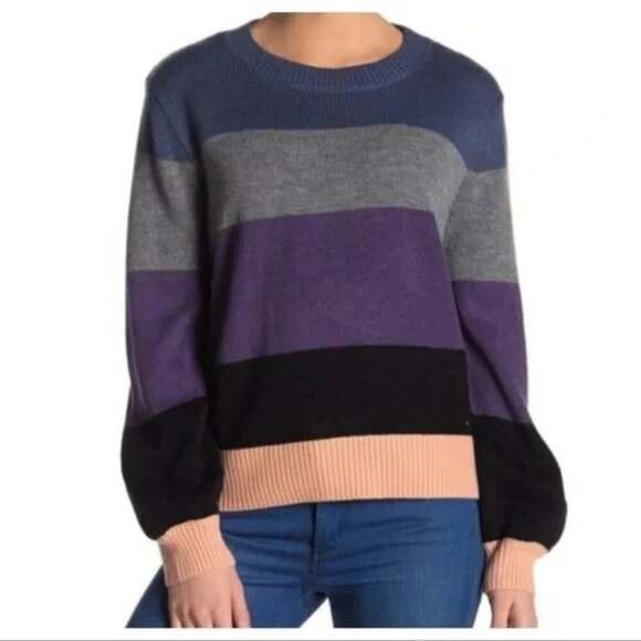Boutique Elodie Blue & Purple Stripe Colorblock Crewneck Sweater L - Picture 1 of 4